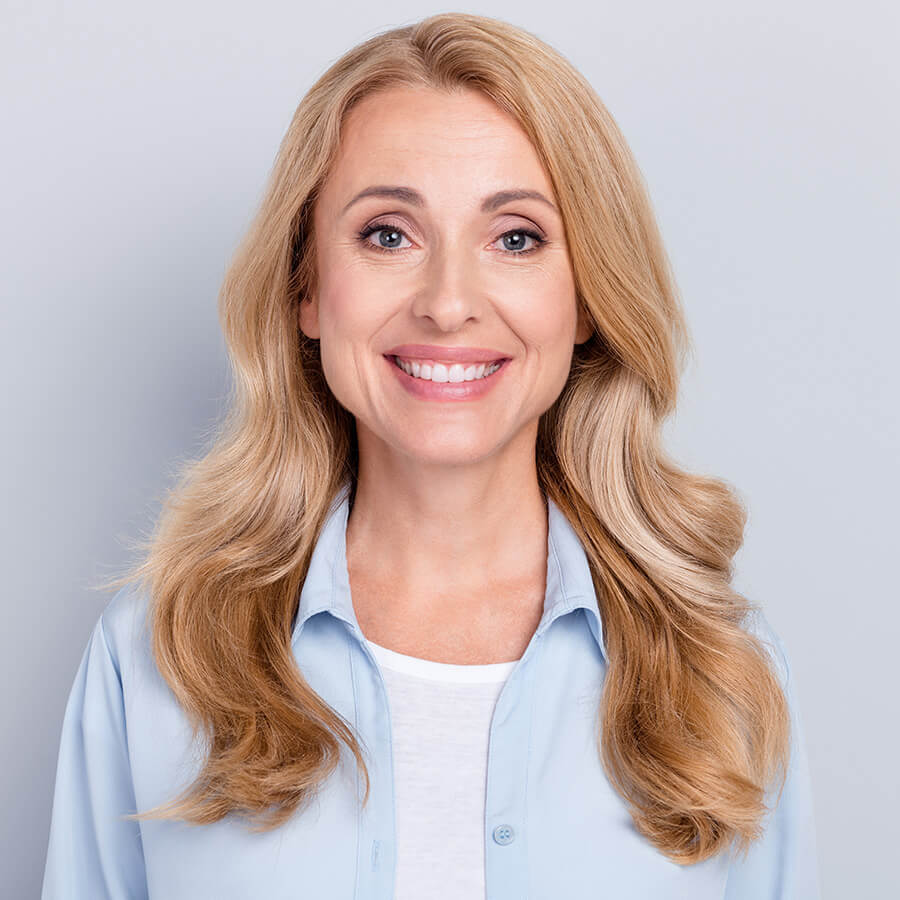 Mature woman in a blue shirt